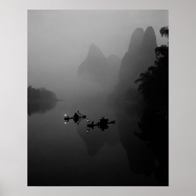 Black and white, China, Li River, Fisherman on Poster (Front)