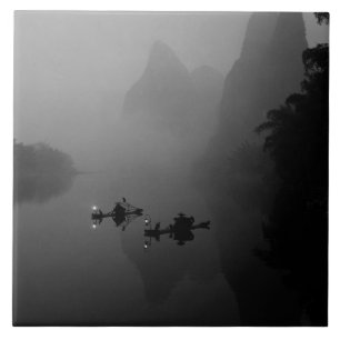 Black and white, China, Li River, Fisherman on Tile