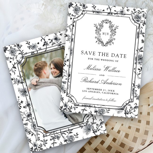 Black and White Chinoiserie Crest Photo Wedding Save The Date (Creator Uploaded)