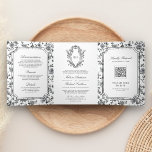 Black and White Chinoiserie Crest QR Code Wedding Tri-Fold Invitation<br><div class="desc">Amaze your guests with this elegant wedding invite featuring a beautiful victorian crest with intricate chinoiserie pattern and QR code for online RSVP. Simply add your event details on this easy-to-use template and adorn this card with your favourite photo to make it a one-of-a-kind invitation.</div>