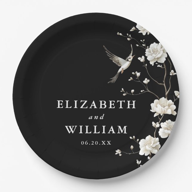 Black And White Chinoiserie Floral Garden Wedding Paper Plate (Front)