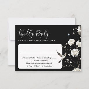 Black And White Chinoiserie Floral Garden Wedding RSVP Card