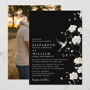 Black And White Chinoiserie Floral Wedding Photo Invitation