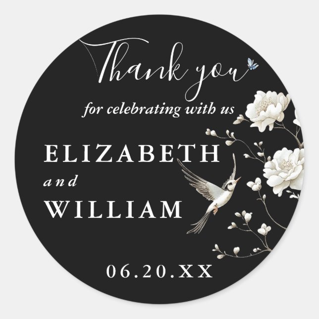 Black And White Chinoiserie Wedding Thank You Classic Round Sticker (Front)