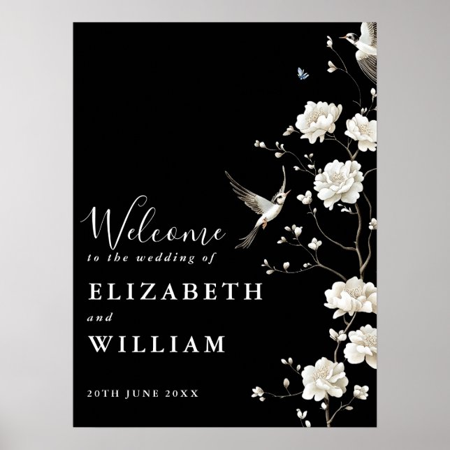 Black And White Chinoiserie Wedding Welcome Sign (Front)