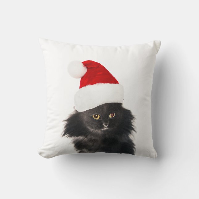 BLACK AND WHITE CHRISTMAS CAT WITH SANTA CLAUS HAT CUSHION (Front)