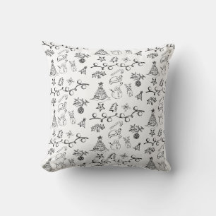Black and White Christmas Drawings Pattern Cushion