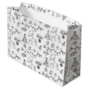 Black and White Christmas Drawings Pattern Large Gift Bag