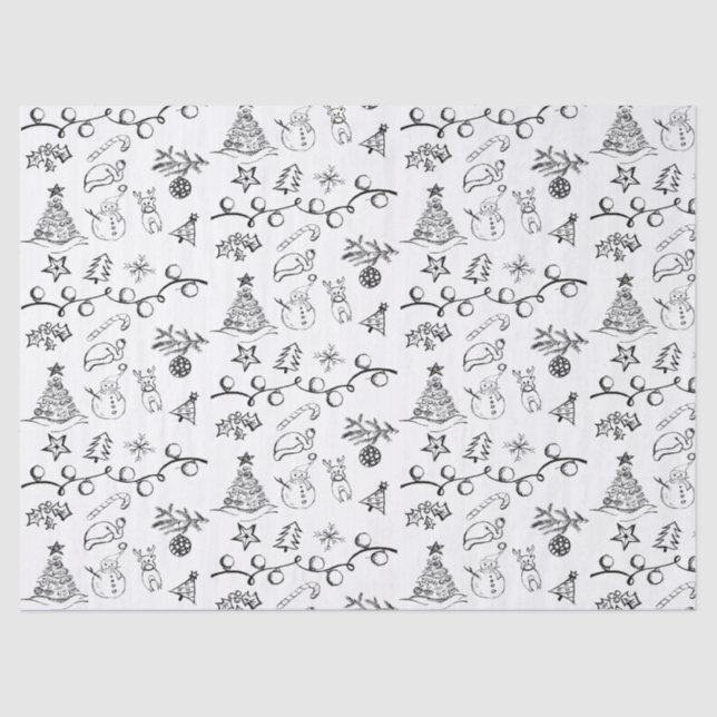 Black and White Christmas Drawings Pattern Tissue Paper (Front)