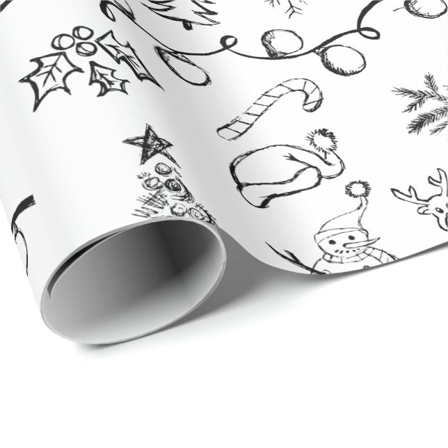 Black and White Christmas Drawings Pattern Wrapping Paper (Roll Corner)