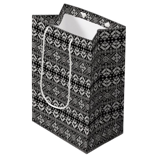 Black and White Christmas Fair Isle Pattern Medium Gift Bag (Front Angled)