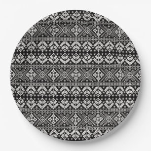 Black and White Christmas Fair Isle Pattern Paper Plate