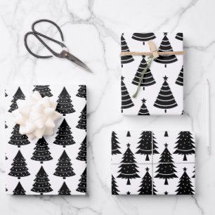 Black and White Christmas Holiday Trees Pattern Wrapping Paper Sheet