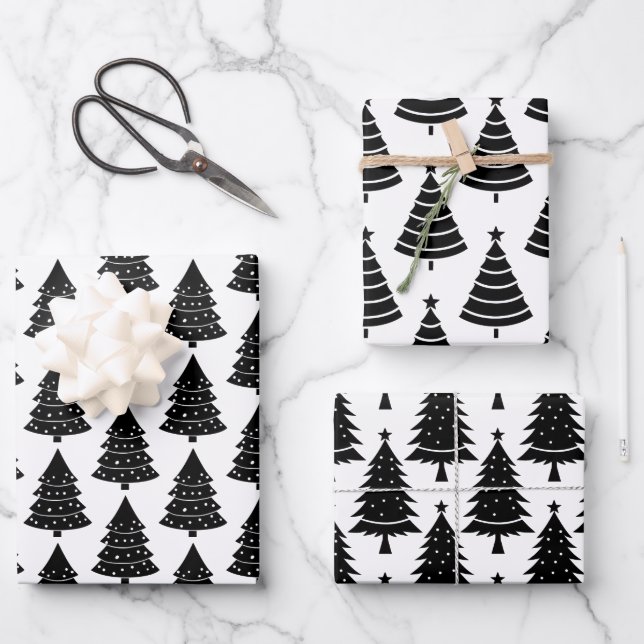 Black and White Christmas Holiday Trees Pattern  Wrapping Paper Sheet (Front)