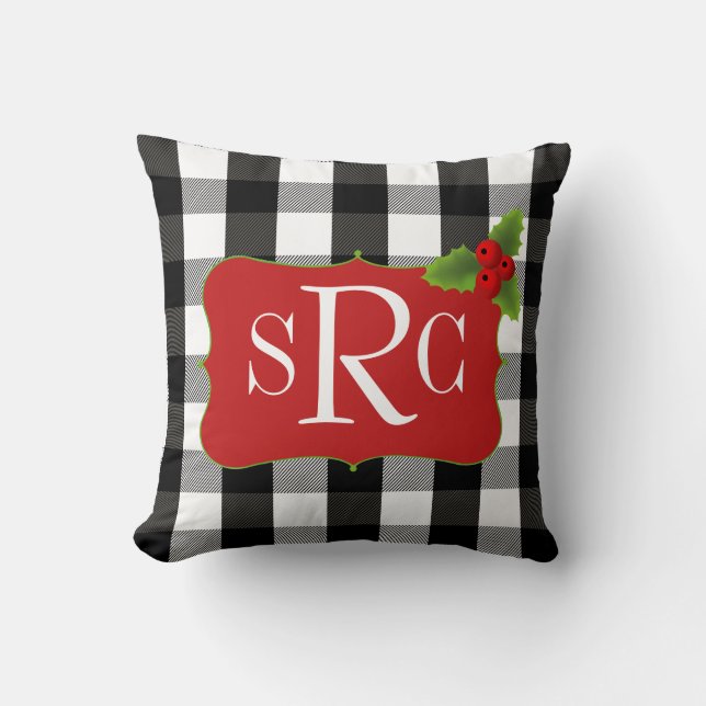 Black and White Christmas Plaid Holly Monogram Cushion (Front)