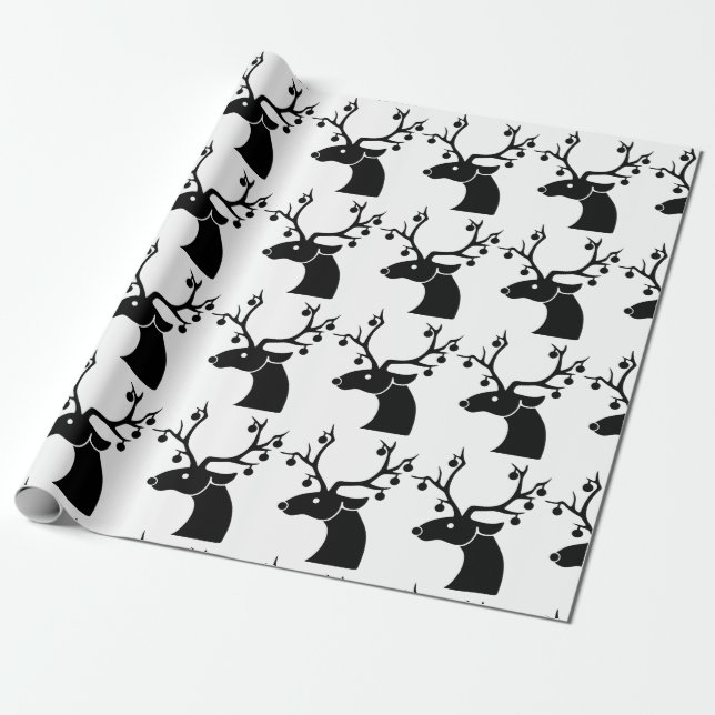 Black and White Christmas Reindeer w/Ornaments Wrapping Paper (Unrolled)