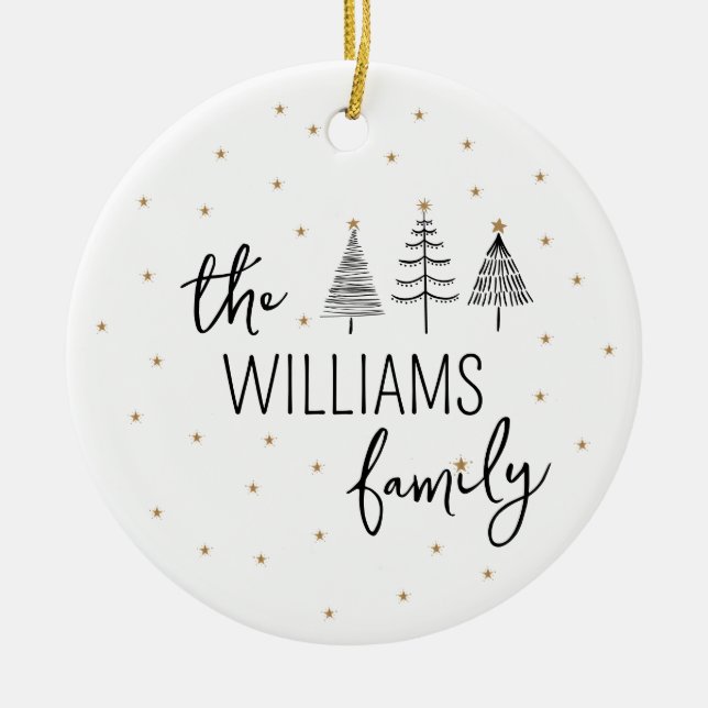 Black and White Christmas Tree Family Photo Ceramic Ornament (Front)