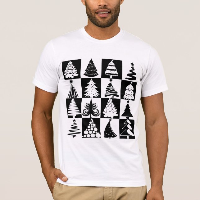 Black And White Christmas Tree Holiday Pattern T-Shirt (Front)
