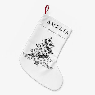 Black and White Christmas Tree Pattern Drawing Small Christmas Stocking