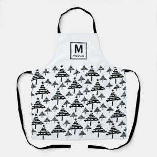 Black and White Christmas Tree Pattern Monogram Apron