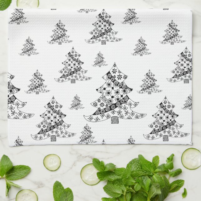Black and White Christmas Tree pattern Tea Towel (Folded)