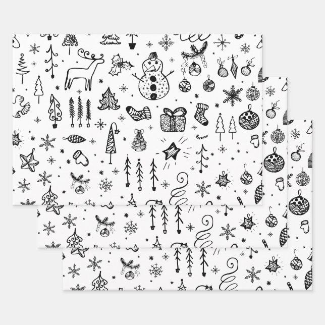 Black and White Christmas Tree Snowman Gift Wrapping Paper Sheet (Set)