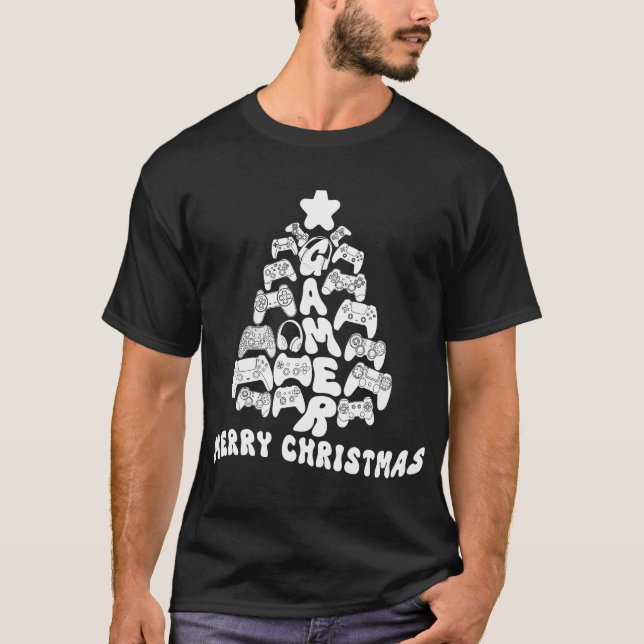 Black and White Christmas Tree with Controllers T-Shirt (Front)