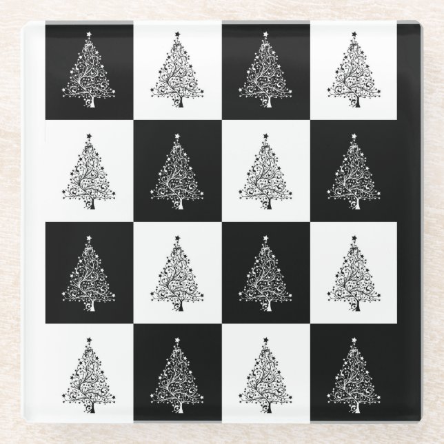 Black And White Christmas Trees Glass Coaster (Front)