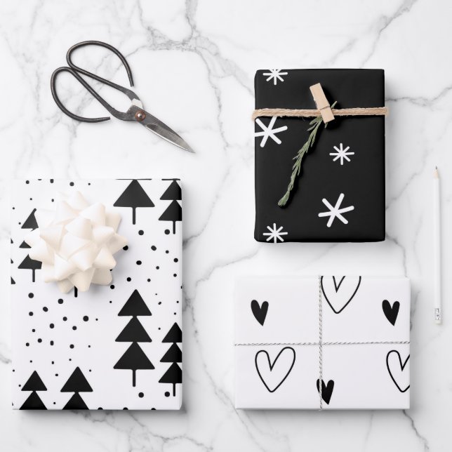 Black and White Christmas Trees Snowflakes Hearts Wrapping Paper Sheet (Front)