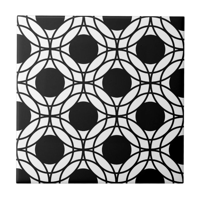 Black and White Circles and Dots Pattern Ceramic Tile (Front)