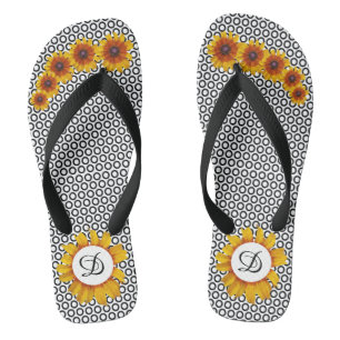 Black And White Circles With Sunflowers Thongs