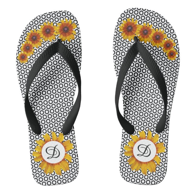 Black And White Circles With Sunflowers Thongs (Footbed)