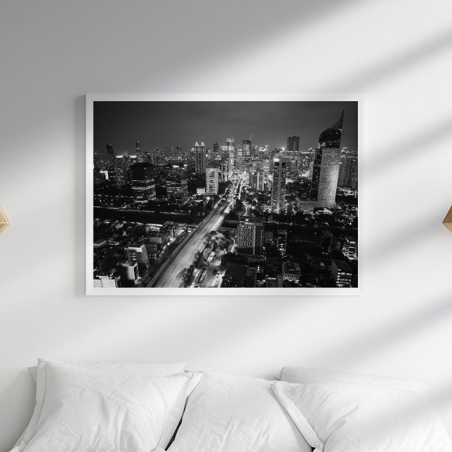 Black and White City Lights Skyline Wall Art (Black and White Aerial City Skyline Night Poster in a white boho bedroom with pillows.)