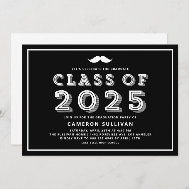 Black and White Class of 2025 Moustache Graduation Invitation (Front/Back)