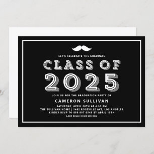 Black and White Class of 2025 Moustache Graduation Invitation