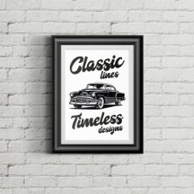 Black and white classic car illustration.
