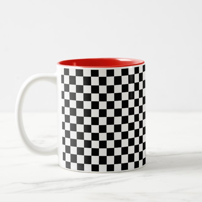 Black And White Classic Chequerboard Two-Tone Coffee Mug (Left)
