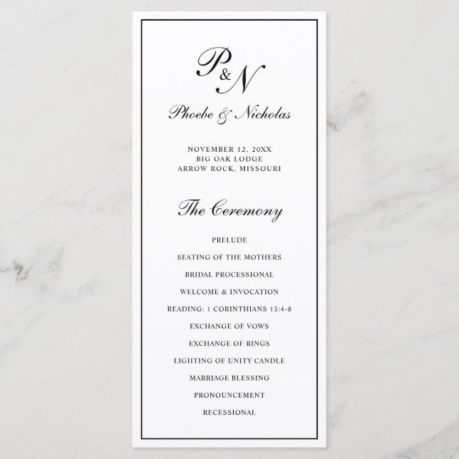 Black and White Classic Elegant Wedding Program (Front)