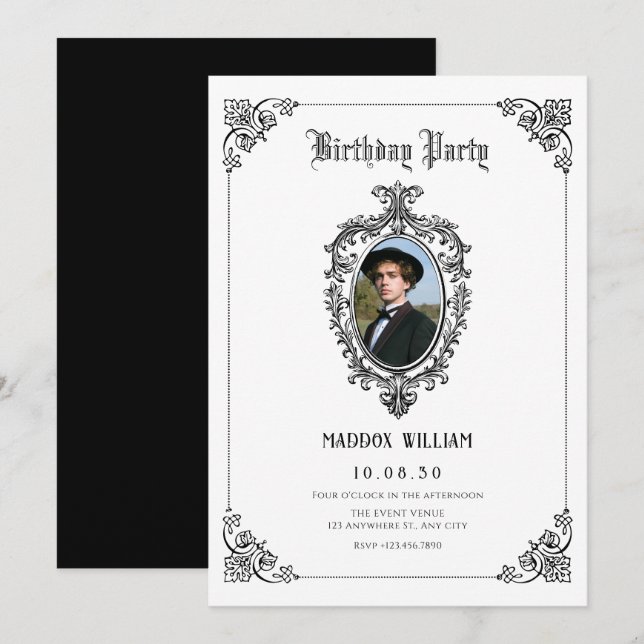 Black and white Classic gothic photo birthday Invitation (Front/Back)