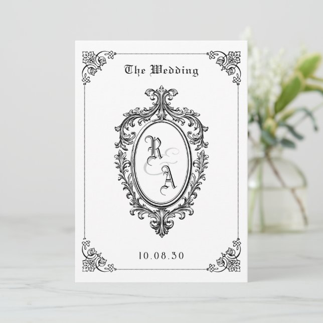 Black and white Classic gothic wedding  invitation (Standing Front)