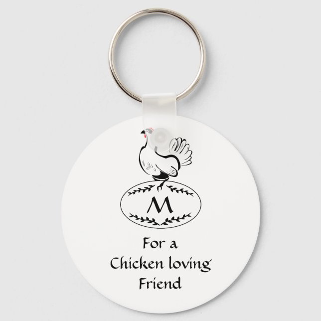 Black and White Classic Hen on a Monogram Egg Key Ring (Front)