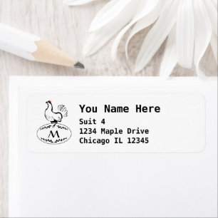 Black and White Classic Hen on a Monogram Egg Return Address Label