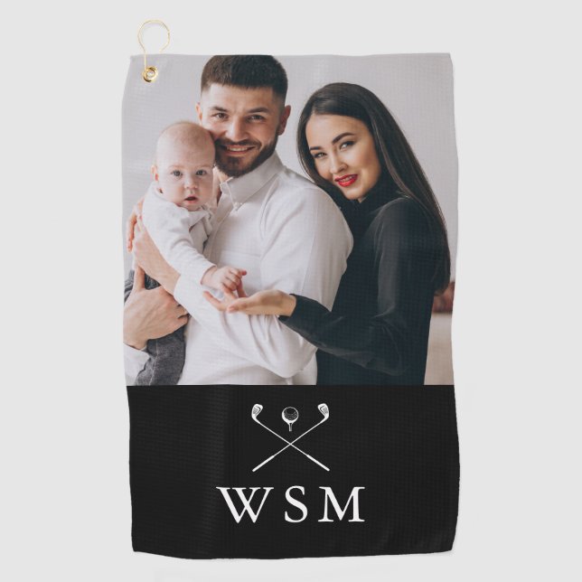 Black and White Classic Monogram Photo Golf Clubs Golf Towel (Front)