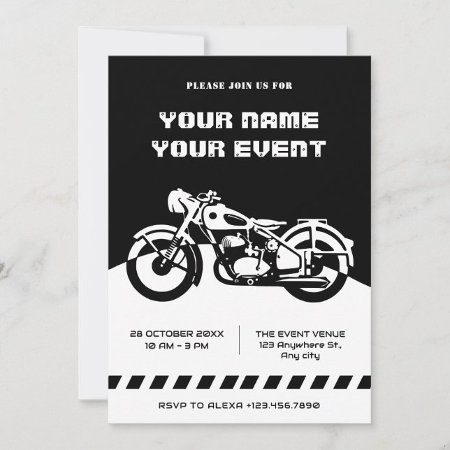 Black and White Classic Motorcycle Invitation (Front)