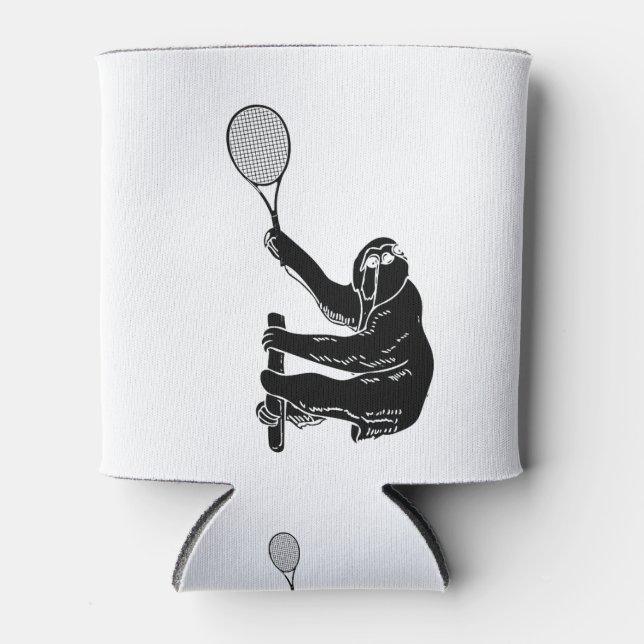 Black and White Classic Sloth with Tennis Racquet Can Cooler (Front)