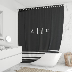 Black and White Classic Stripe Border Monogram Shower Curtain