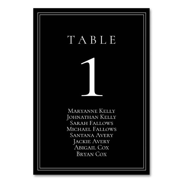 Black and White Classic Table Number Seating Chart (Front)