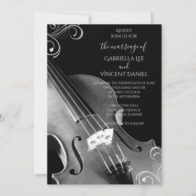 Black and White Classical Violin Wedding Invitation (Front)
