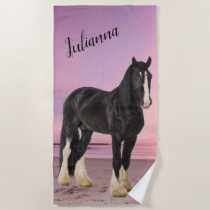 Black and White Clydesdale on the Beach at Sunset  Beach Towel