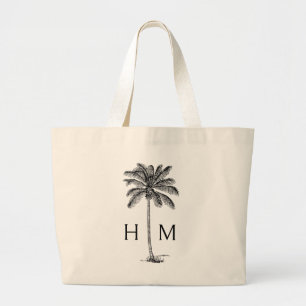 Black and White Coastal Palmetto Palm Monogram Large Tote Bag